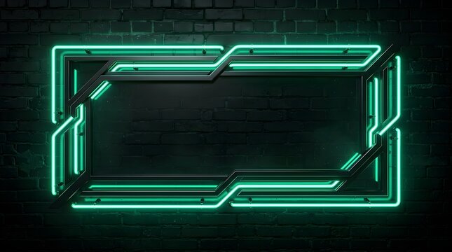 Radiant neon green rectangular frame structure mounted on dark textured brick wall surface displaying futuristic design elements with vibrant glowing light lines in deep shadows