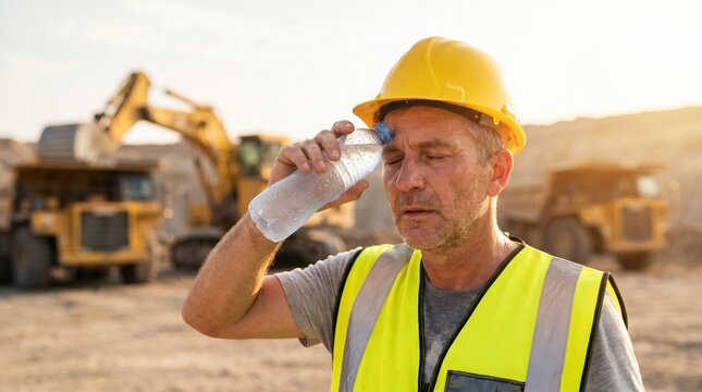 Exhausted construction worker holding a cold water bottle to his forehead. Tired miner sweating in extreme heat on a work site. Heat suffering and fatigue concept