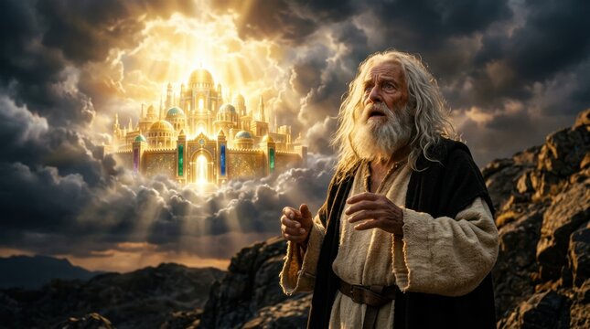 Apostle John witnessing the vision of the New Jerusalem. Elderly biblical prophet looking at a glowing golden city in the clouds