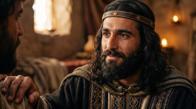 Biblical friendship of David and Jonathan. Close up of Prince Jonathan looking at David in an ancient room