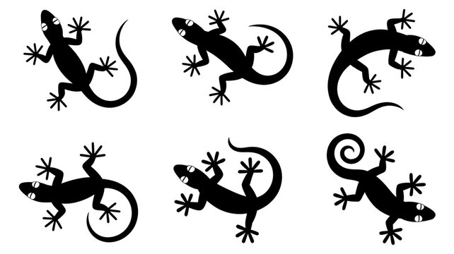 A black and white illustration of a collection of lizard silhouettes in various dynamic poses for creative design projects