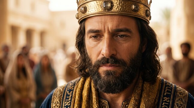 King Solomon in deep contemplation. Close up of biblical King Solomon wearing a golden crown in his palace courtyard