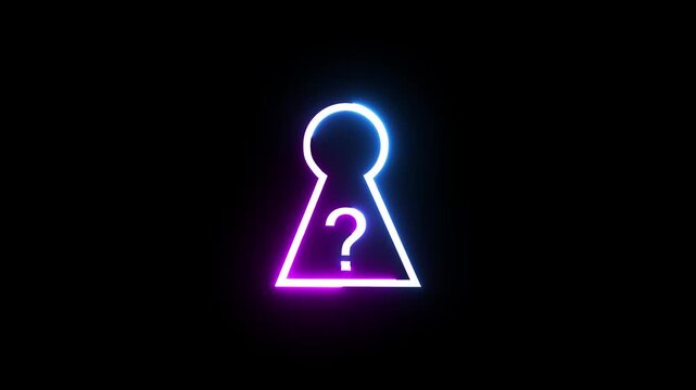 Neon keyhole icon with question mark glows in blue and purple colors on black background.
