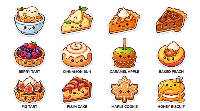 Set of cute cartoon style autumn dessert stickers with happy faces.