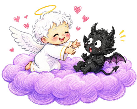 Cute baby angel and cute little devil 