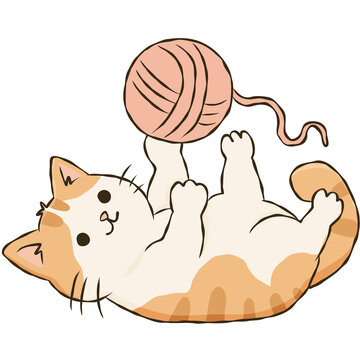 Orange Cat Playing with Yarn Ball Cute Playful Kitten Knitting Doodle Illustration