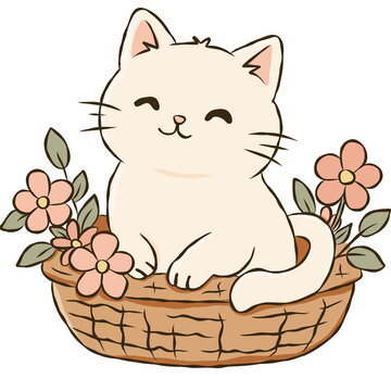 White Cat Sitting in Flower Basket Cute Floral Kitten Spring Hand Drawn Illustration
