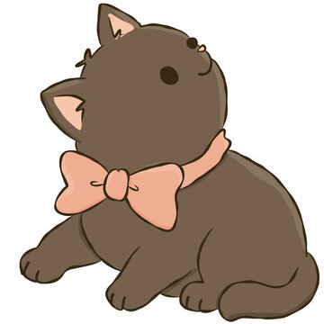 Brown Cat Wearing Pink Bow Looking Up Cute Kitten Hand Drawn Doodle Illustration