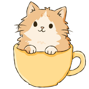 Cute Orange Cat Sitting in Yellow Coffee Cup Cozy Kitten Hand Drawn Doodle Illustration