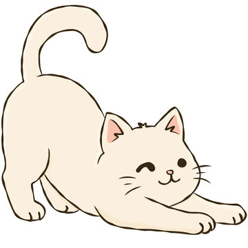 White Cat Stretching Cute Playful Kitten Morning Stretch Hand Drawn Doodle Illustration