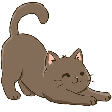 Brown Cat Stretching Cute Playful Kitten Morning Stretch Hand Drawn Doodle Illustration
