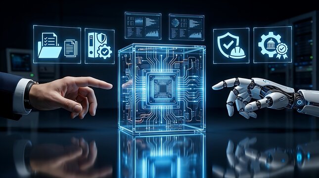 Futuristic AI technology integration, human hand and robot finger touching digital cube, cyber security and data compliance concept