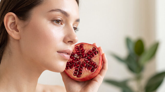 Woman holding a half pomegranate near her face, symbolizing natural skincare, beauty, health, and fresh glowing skin