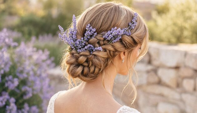 Young bride with an elegant braided hairstyle decorated with fresh purple lavender flowers in a sunny garden