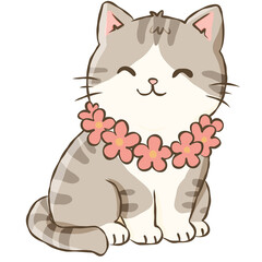 Gray Tabby Cat Wearing Pink Flower Lei Cute Tropical Hawaiian Kitten Doodle Illustration © Saltyarts design