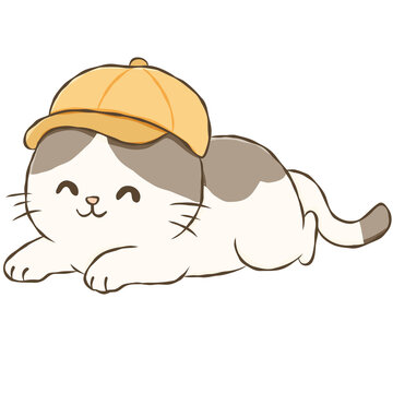 Calico Cat Wearing Yellow Baseball Cap Cute Summer Kitten Hand Drawn Doodle Illustration