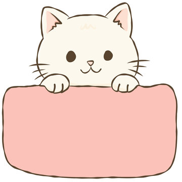 White Cat Holding Blank Pink Sign Cute Kitten Message Board Hand Drawn Doodle Illustration