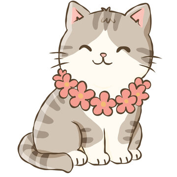 Gray Tabby Cat Wearing Pink Flower Lei Cute Tropical Hawaiian Kitten Doodle Illustration