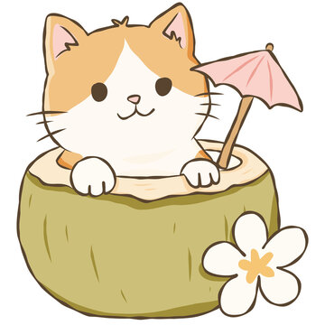 Orange Tabby Cat Sitting in Coconut with Pink Umbrella Cute Tropical Beach Illustration