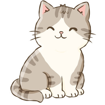Cute Gray Tabby Cat Sitting with Eyes Closed Hand Drawn Cozy Kitten Doodle Illustration