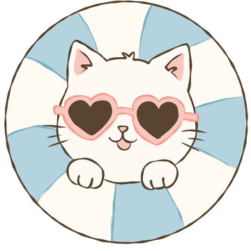 White Cat in Blue Life Ring Wearing Heart Sunglasses Cute Summer Beach Doodle Illustration