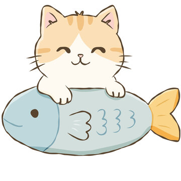 Calico Cat Hugging Blue Fish Pillow Cute Kitten Pet Hand Drawn Doodle Illustration