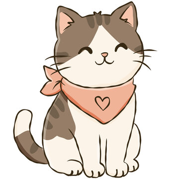 Calico Cat Wearing Coral Heart Bandana Cute Cozy Kitten Hand Drawn Pet Illustration