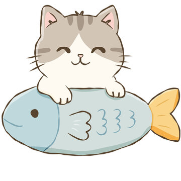 Gray Tabby Cat Hugging Blue Fish Pillow Cute Pet Kitten Hand Drawn Doodle Illustration