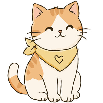Orange Tabby Cat Wearing Yellow Heart Bandana Cute Kitten Hand Drawn Doodle Illustration