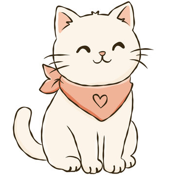 White Cat Wearing Coral Heart Bandana Cute Cozy Kitten Hand Drawn Pet Doodle Illustration