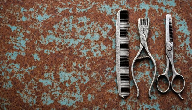 Vintage metal barber tools including a comb thinning shears and hair clippers on a rusted surface