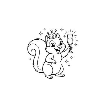 Cute cartoon squirrel wearing a crown holds a champagne glass, surrounded by sparkling stars, isolated on white