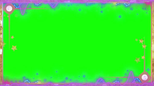 Frame border features a vibrant green center with purple accents and decorative corner geometric icons.