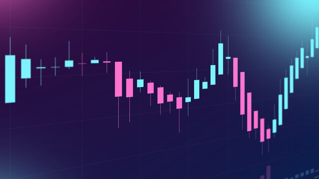 Financial stock market candlestick chart with blue and pink candles on a dark background, representing trading, investment, and market analysis