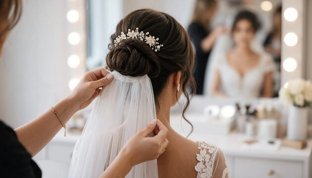 Professional stylist fixing a bridal veil on a beautiful bride with an elegant hair bun for her wedding day