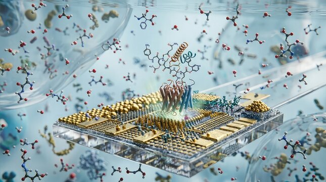 Extreme close-up of futuristic molecular biosensor detecting bioactive compounds inside transparent biological environment,