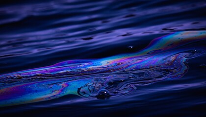 Fototapeta premium Iridescent oil slick floating on dark rippled water