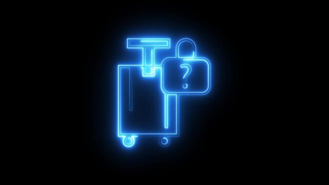 Neon blue animated icon of luggage suitcase with locked question mark for travel security.