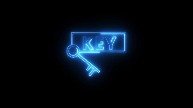 Neon key animation glowing with blue light in dark background digital technology graphic.