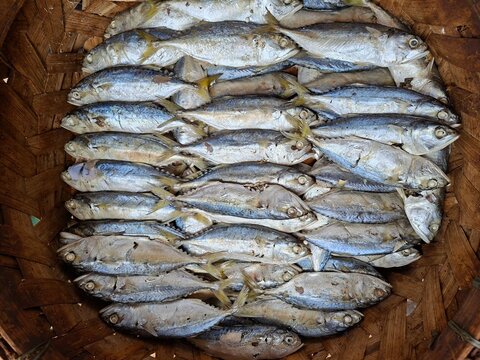 An overhead shot of Indonesian traditional boiled salted fish known as ikan pindang cue, neatly arranged inside a round bamboo woven basket at a traditional local market counter.