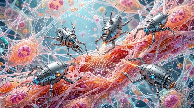 Microscopic medical nanobots repairing damaged biological tissue, advanced biotechnology concept, transparent cellular environment, 