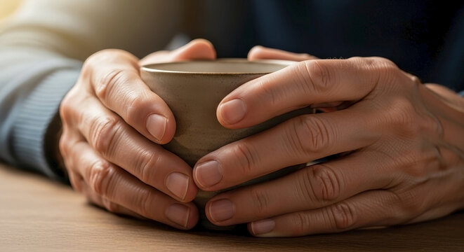 Close up of senior hands with coffee cup on wooden table, warming with comforting drink. Older person holding ceramic mug, providing comfort and warmth for gentle moment.