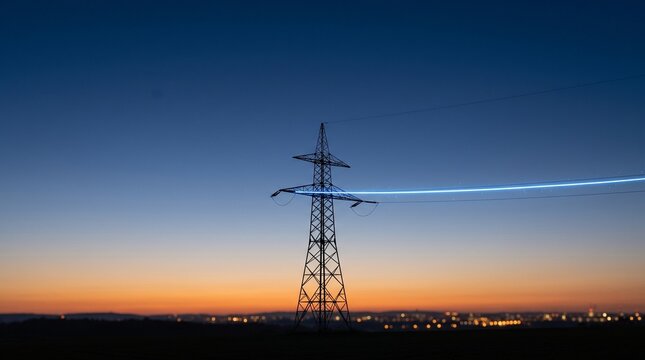 Electrical Transmission Power Lines Glowing Light Energy Infrastructure Pylon Sunset Dusk Horizon Sky