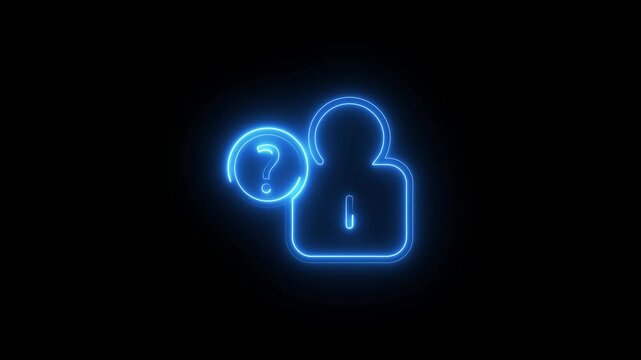 Neon blue outline of user profile icon with question mark symbol glowing on black background.