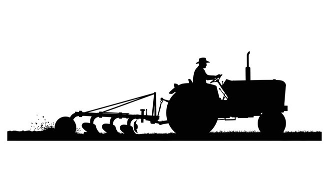 Silhouette of a farmer plowing a field with a tractor with black silhouette man driving tractor plow attached turning over soil field agriculture