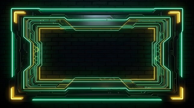 Futuristic glowing neon frame featuring intricate metallic details and vibrant yellow and green LED lighting lines set against a textured dark brick wall background design element.