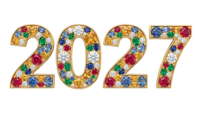 Three dimensional 2027 year digits decorated with colorful gemstones and gold isolated on a black background