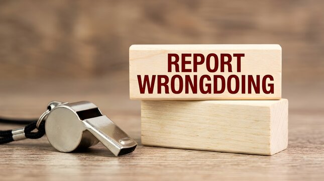 Report wrongdoing text on wooden blocks with a metal whistle, placed on a wooden office desk surface to represent corporate compliance and ethics