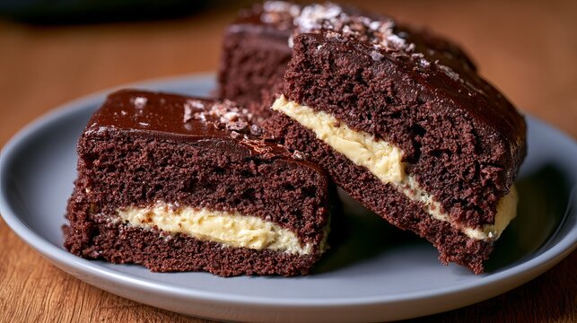 Cake, spongy and chocolatey, held a creamy filling inside.