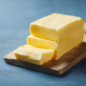 Butter block with cut slices on wooden cutting board over blue table